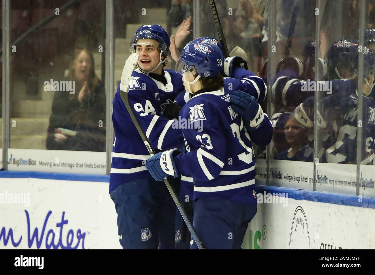 Mississauga, Canada. 25 febbraio 2024. Feb 25 2024, Mississauga Ontario Canada, The Mississauga Steelheads Beat the Sudbury Wolves 4-3 in regulation. (Solo editoriale) Luke Misa(33) of the Mississaua Steelheads. Crediti: Luke Durda/Alamy Live News Foto Stock