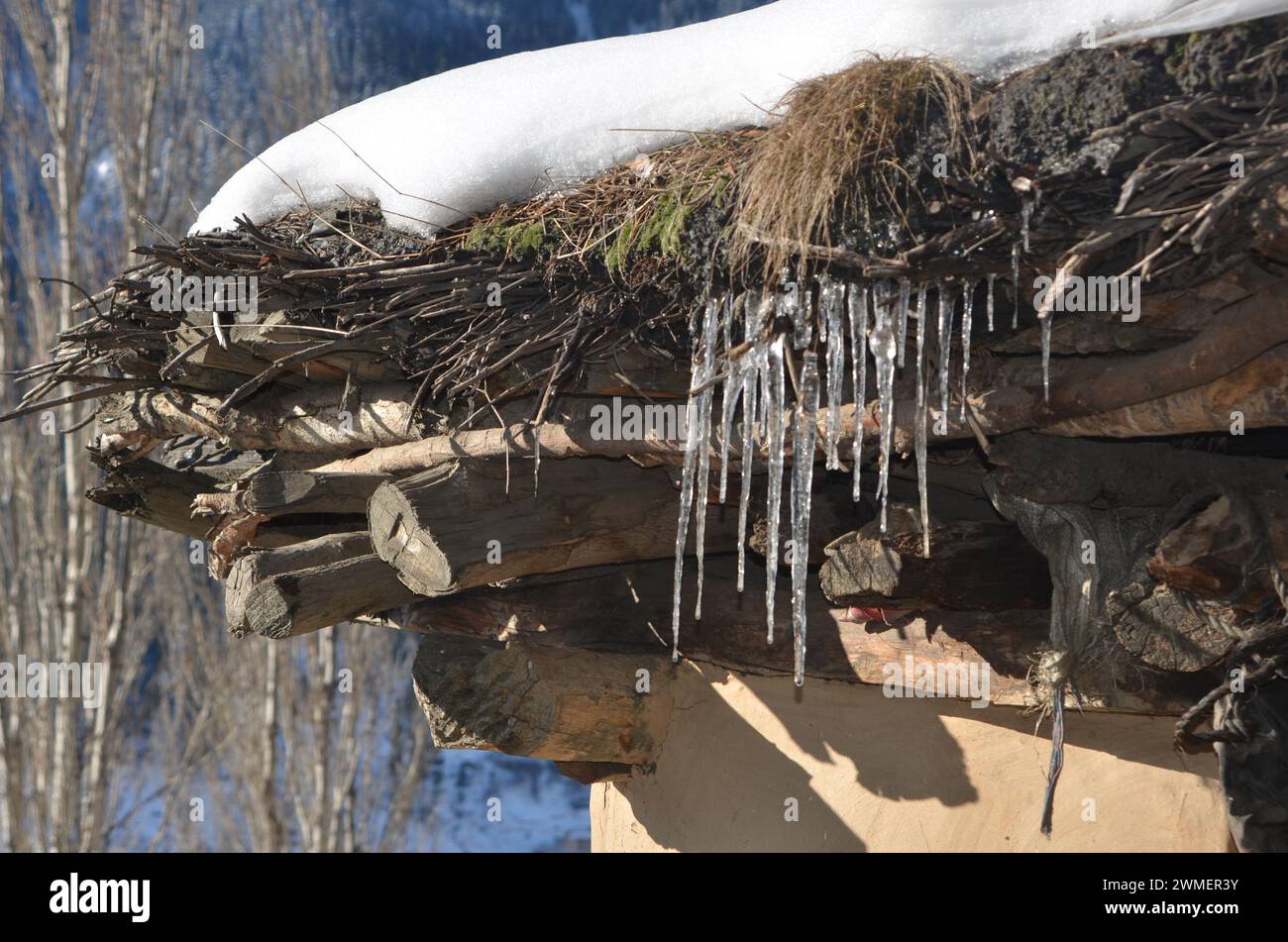 Tubo congelato (immagini di gelo) durante le forti nevicate in zone collinari Foto Stock