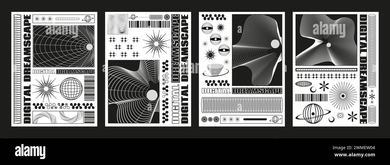 Set di striscioni techno retrò futuristici. Illustrazione vettoriale realistica di poster in bianco e nero estetici con wireframe Landscape, Planet, st Illustrazione Vettoriale