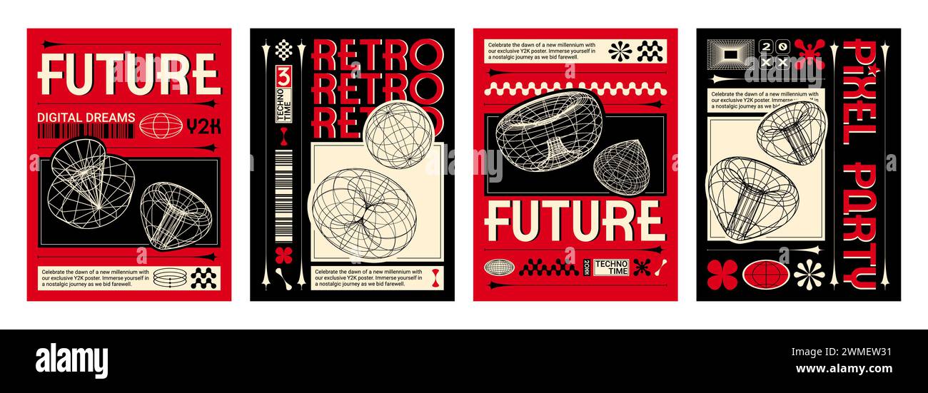 Design del poster in stile y2k con oggetti wireframe astratti su sfondo nero e rosso. Modello per banner vettoriale in stile retrò anni '2000 Illustrazione Vettoriale