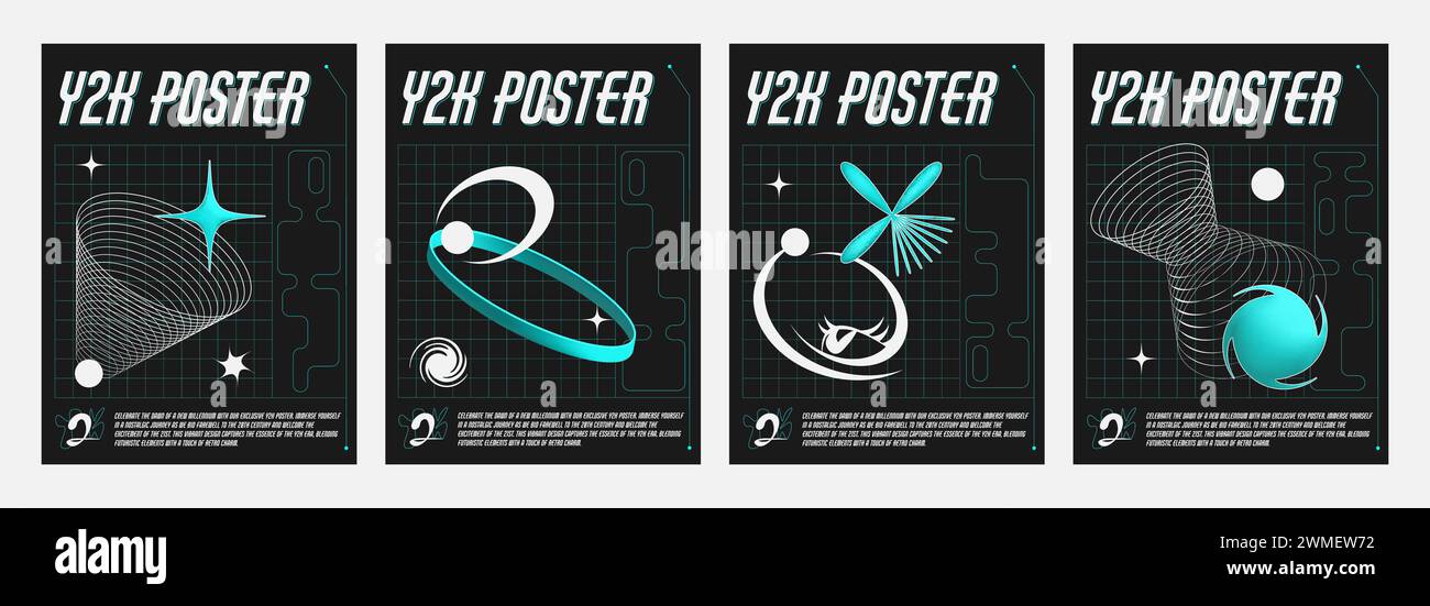 Set di striscioni Y2K con segni geometrici. Illustrazione vettoriale realistica di poster estetici a onda posteriore, forme astratte turchesi su sfondo nero con Illustrazione Vettoriale