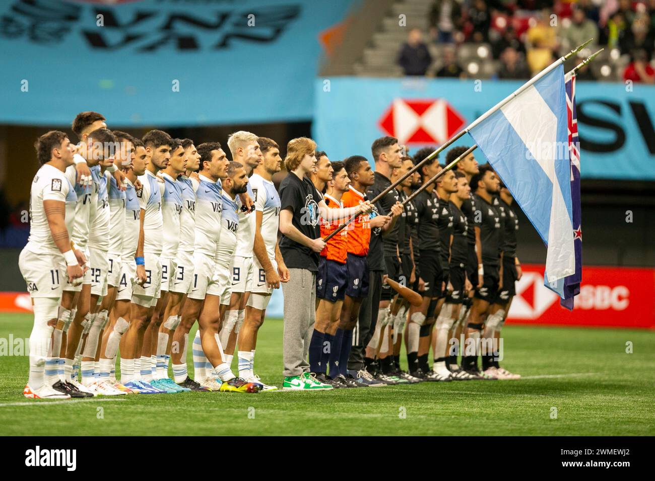 Vancouver, Canada. 25 febbraio 2024. VANCOUVER, BC - FEBBRAIO 25: Ultima partita tra nuova Zelanda e Argentina come parte del World Rugby HSBC Sevens Challenger 2024 al BC Place Stadium il 25 febbraio 2024 a Vancouver, Canada. (Foto di Tomaz Jr/PxImages) credito: PX Images/Alamy Live News Foto Stock