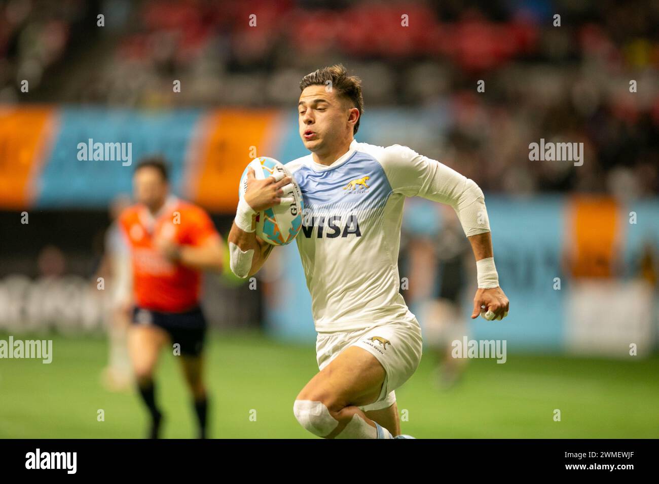 Vancouver, Canada. 25 febbraio 2024. VANCOUVER, BC - FEBBRAIO 25: Ultima partita tra nuova Zelanda e Argentina come parte del World Rugby HSBC Sevens Challenger 2024 al BC Place Stadium il 25 febbraio 2024 a Vancouver, Canada. (Foto di Tomaz Jr/PxImages) credito: PX Images/Alamy Live News Foto Stock