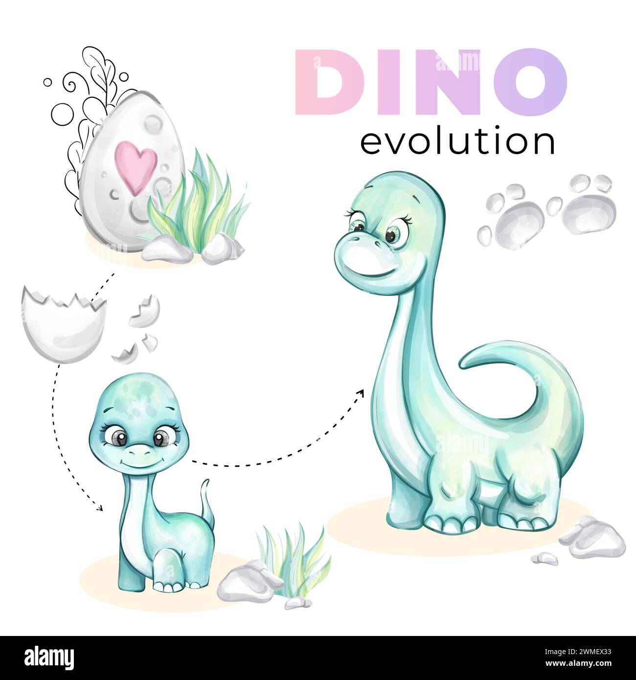 Acquerello baby dinosauro Dino famiglia Diplodocus Mamma e uovo Clipart per decorazioni, adesivi, stampe con animali storici. Foto Stock