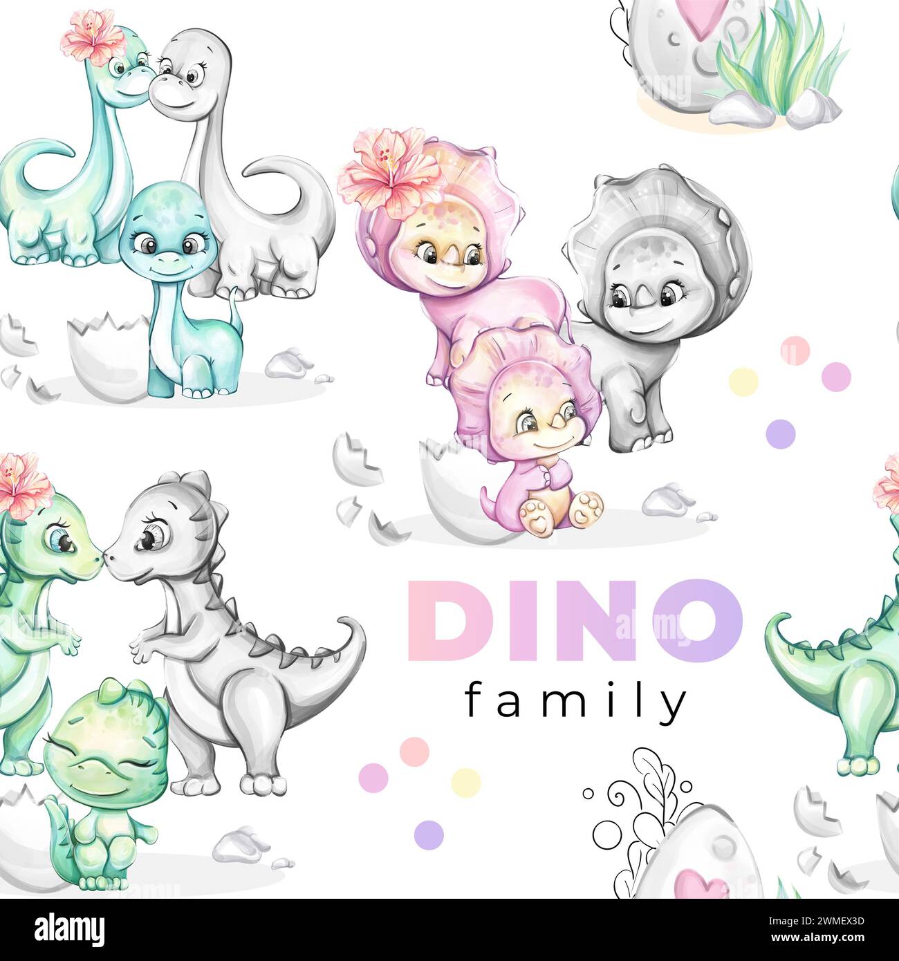 Motivo senza cuciture con dinosauro acquerello, Clipart della famiglia Dino per decorazioni, adesivi e stampe con animali storici Foto Stock