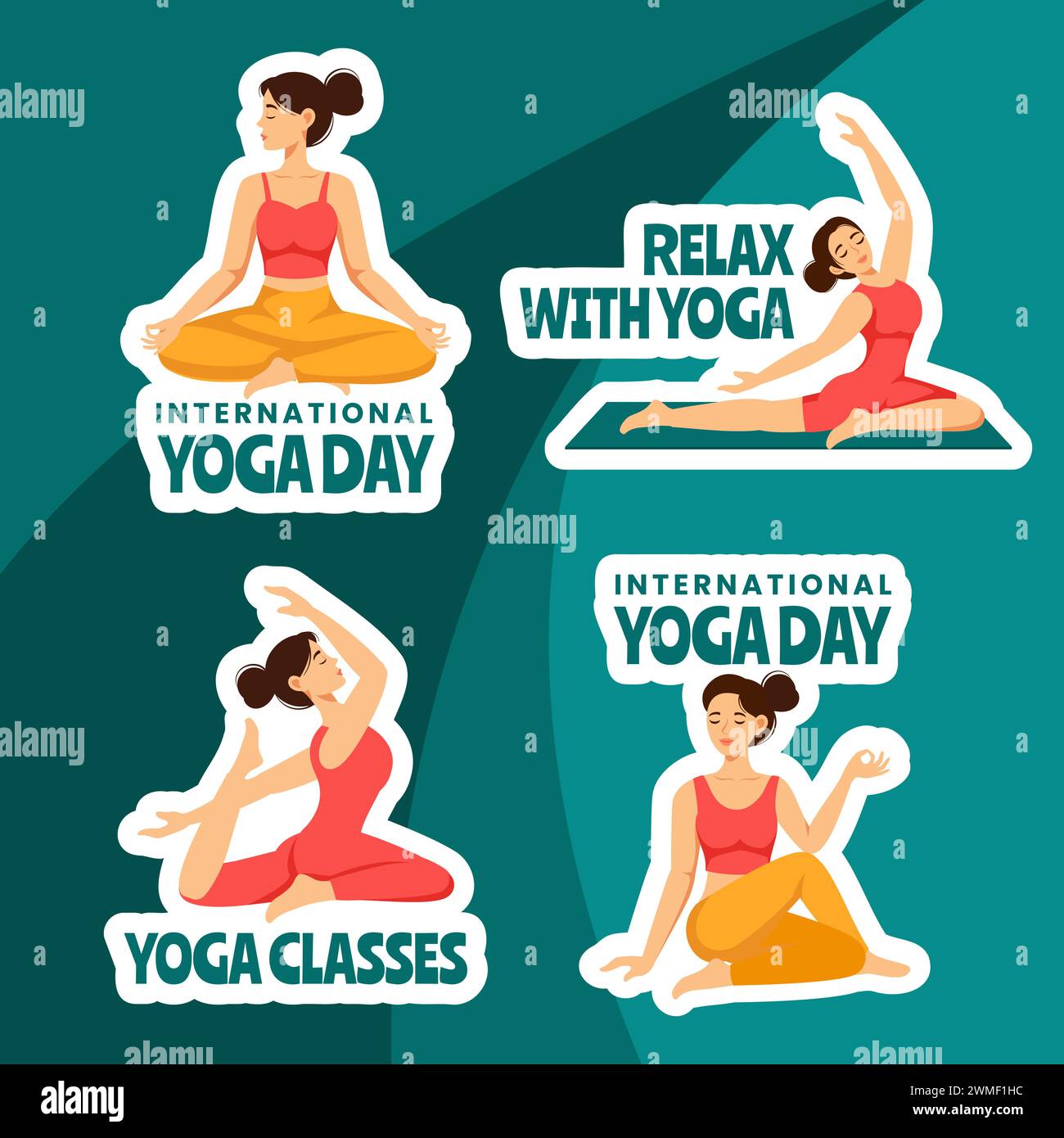 Illustrazione di sfondo dei modelli disegnati a mano in cartoni animati per lo yoga Day Label Illustrazione Vettoriale