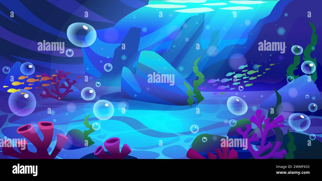 Fondo marino con coralli ed erbacce, pietre e bolle. Fondale sottomarino profondo, oceanico o acquario sabbioso con piante e pesci marini. Cartoon di un paesaggio di fondo nautico con creature acquatiche tropicali. Illustrazione Vettoriale Fondo marino con coralli ed erbacce, pietre e bolle. Fondale sottomarino profondo, oceanico o acquario sabbioso con piante e pesci marini. Cartoon di un paesaggio di fondo nautico con creature acquatiche tropicali. Illustrazione Vettoriale