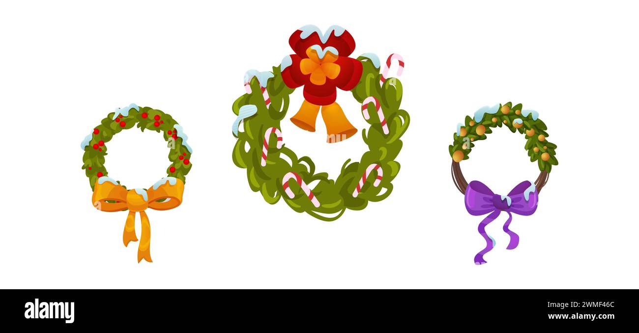 Decorazione tradizionale delle porte di Natale - corona fatta di rami di piante sempreverdi con frutti di bosco, nastri con archi e campane dorate ricoperte di neve. Set vettoriale cartoni animati di ghirlande ornamentali ad anello di Natale. Illustrazione Vettoriale