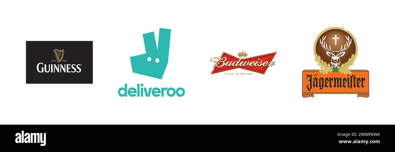 Jagermeister, Deliveroo, Guinness, Budweiser, famosa collezione di logo del marchio Illustrazione Vettoriale