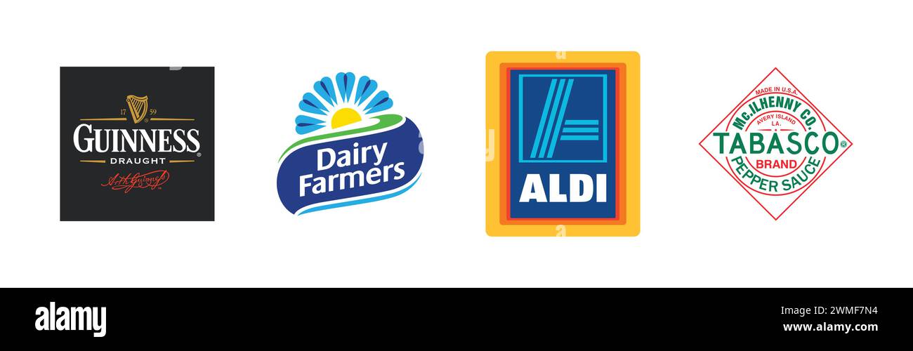 Produttori caseari, ALDI, Tabasco, Guinness Draught, famosa collezione di logo Illustrazione Vettoriale