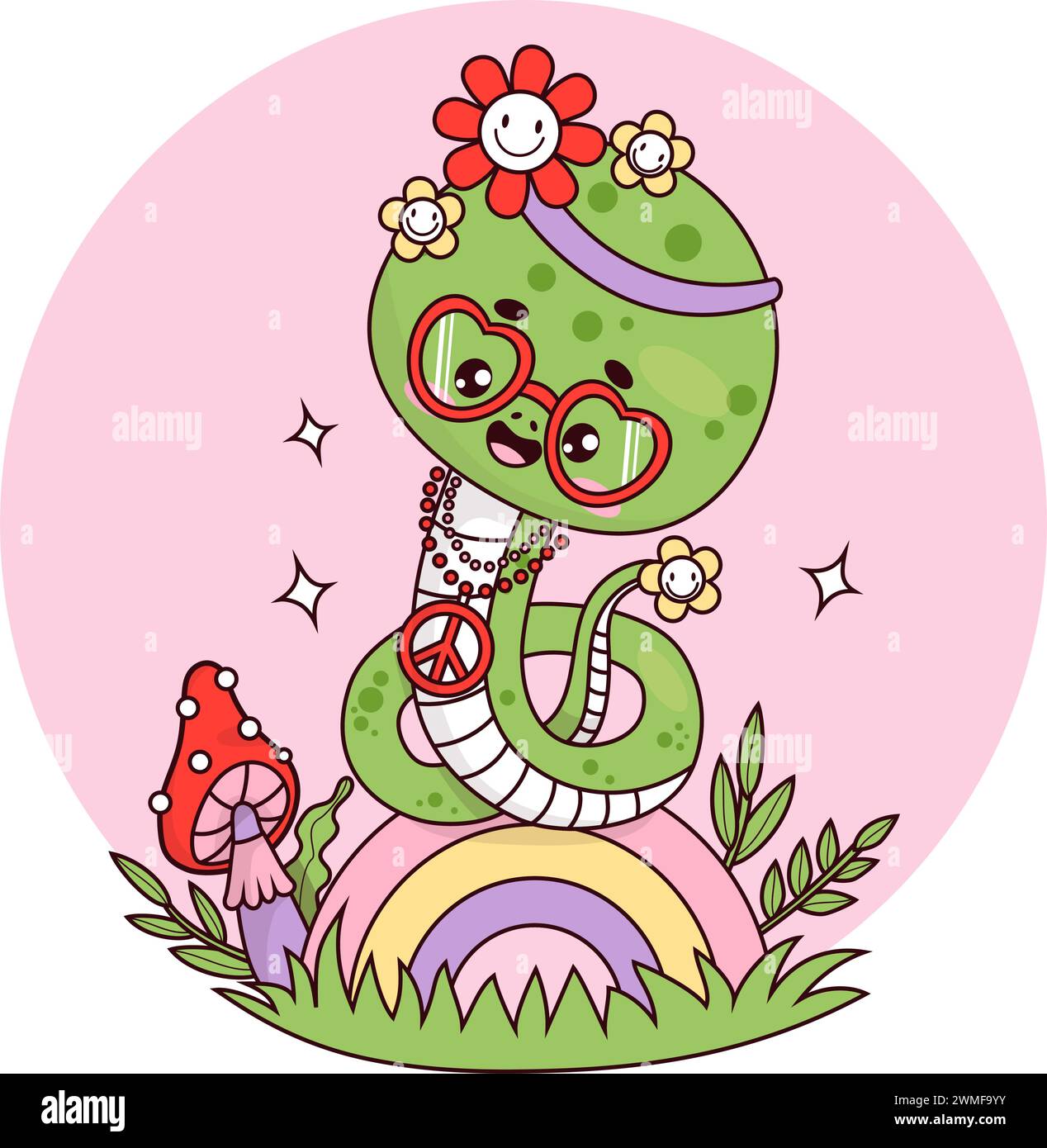 Simpatico personaggio hippy di una ragazza serpente retrò. Kawaii di animali rettili comici sull'arcobaleno. Elegante illustrazione vettoriale in stile anni '70 Illustrazione Vettoriale
