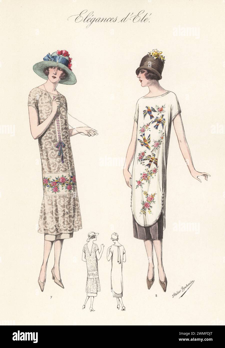 Donna in cappello di paglia e abito in pizzo spagnolo su una scivoletta di raso crepe, con corde di perle, donna in cappello cloche e abito in georgette crepe pallida ricamata con uccelli e fiori. Litografia a colori di Atelier Bachwitz di Modell-Kleider fur den Hochsommer, Elegances d'Ete, Fashions for the Hot Season, Atelier Bachwitz AG, Vienna, 1925. Foto Stock