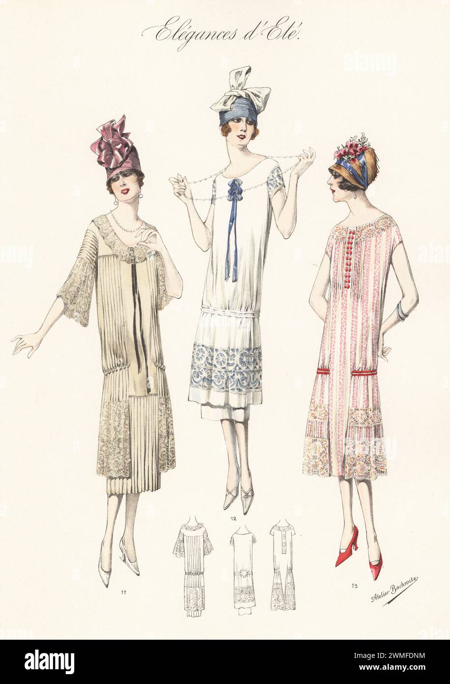 Donna con abito in chiffon 11, abito in tunica in voile di seta con corde lunghe di perle 12 e abito pomeridiano con mousseline voile a pieghe 13. Tutti indossano cappelli di abbigliamento decorati con nastri, archi e rose. Litografia a colori di Atelier Bachwitz di Modell-Kleider fur den Hochsommer, Elegances d'Ete, Fashions for the Hot Season, Atelier Bachwitz AG, Vienna, 1925. Foto Stock