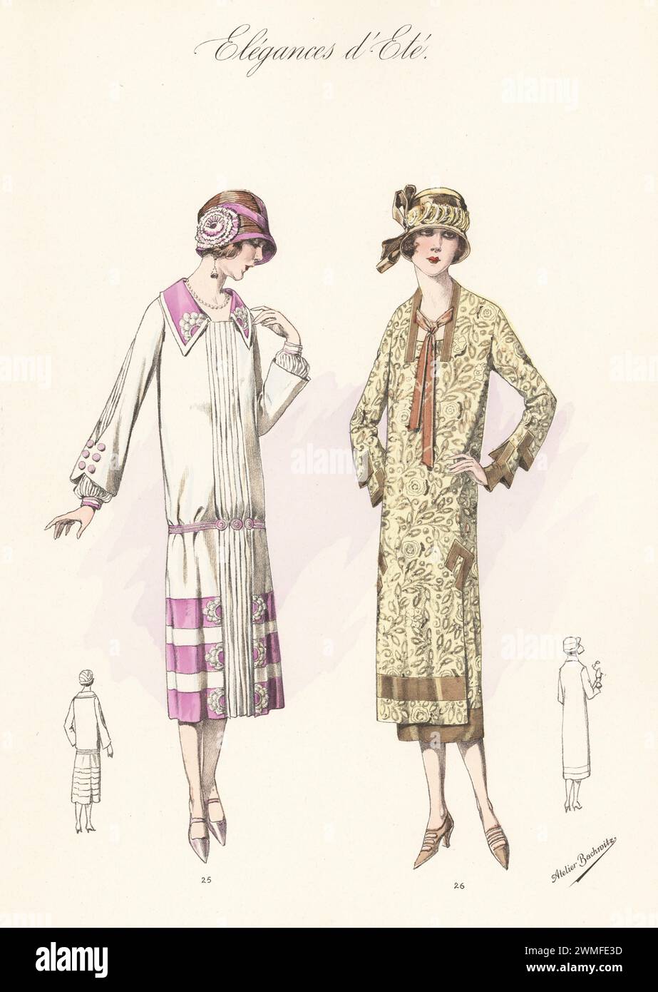 Flappers in cappellini e camici estivi, 1925. Camice di cotone chiaro con bordi in lino ricamati 25 e abito in crepe de chine a motivi geometrici con nastro di seta chiaro cravat 26. Litografia a colori di Atelier Bachwitz di Modell-Kleider fur den Hochsommer, Elegances d'Ete, Fashions for the Hot Season, Atelier Bachwitz AG, Vienna, 1925. Foto Stock