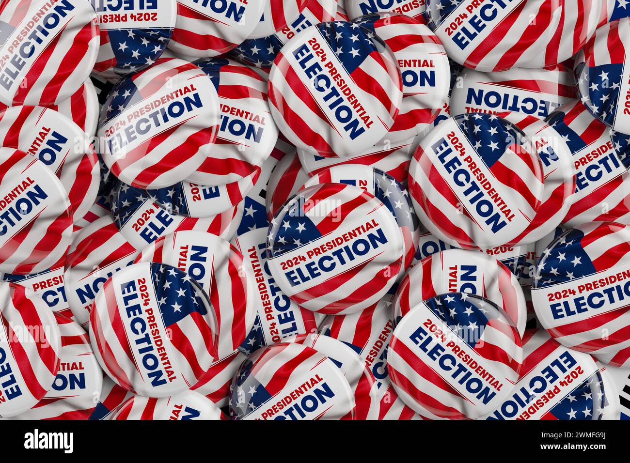 Contesto elettorale presidenziale DEGLI STATI UNITI con decine di pulsanti per la campagna elettorale. Illustrazione 3D. Foto Stock