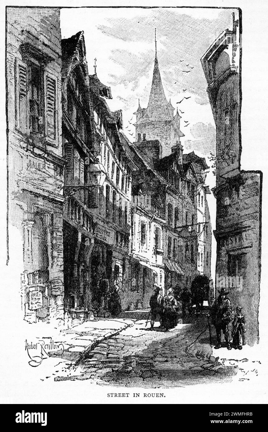 Incisione di una strada a Rouen, Francia, circa 1880 Foto Stock