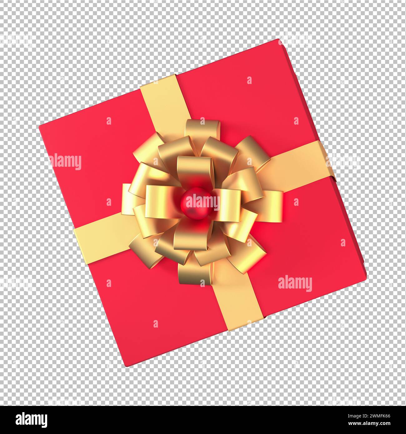 Confezione regalo rossa 3d con nastro in oro e arco isolato su sfondo png, rendering 3D. Foto Stock