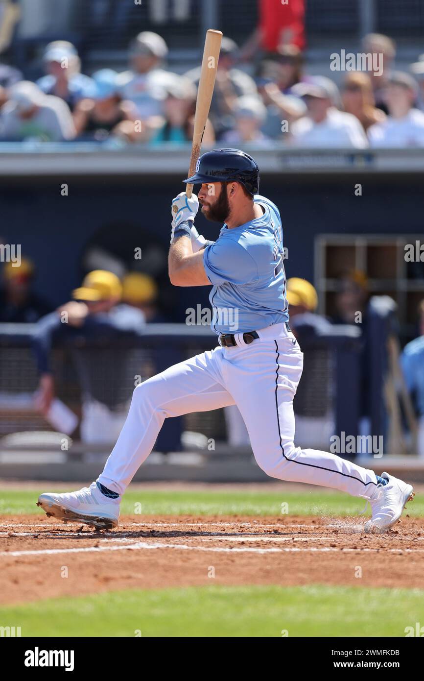 Port Charlotte, FL: I Tampa Bay Rays lasciarono l'esterno Tristan Peters (75) in campo destro durante una partita di allenamento primaverile della MLB contro i Detroit Tige Foto Stock