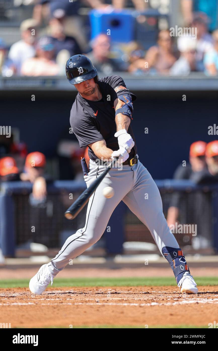 Port Charlotte, FL: Carson Kelly (15) ricevitore dei Detroit Tigers batte in campo destro durante una partita di allenamento primaverile della MLB contro i Tampa Bay Rays su F Foto Stock