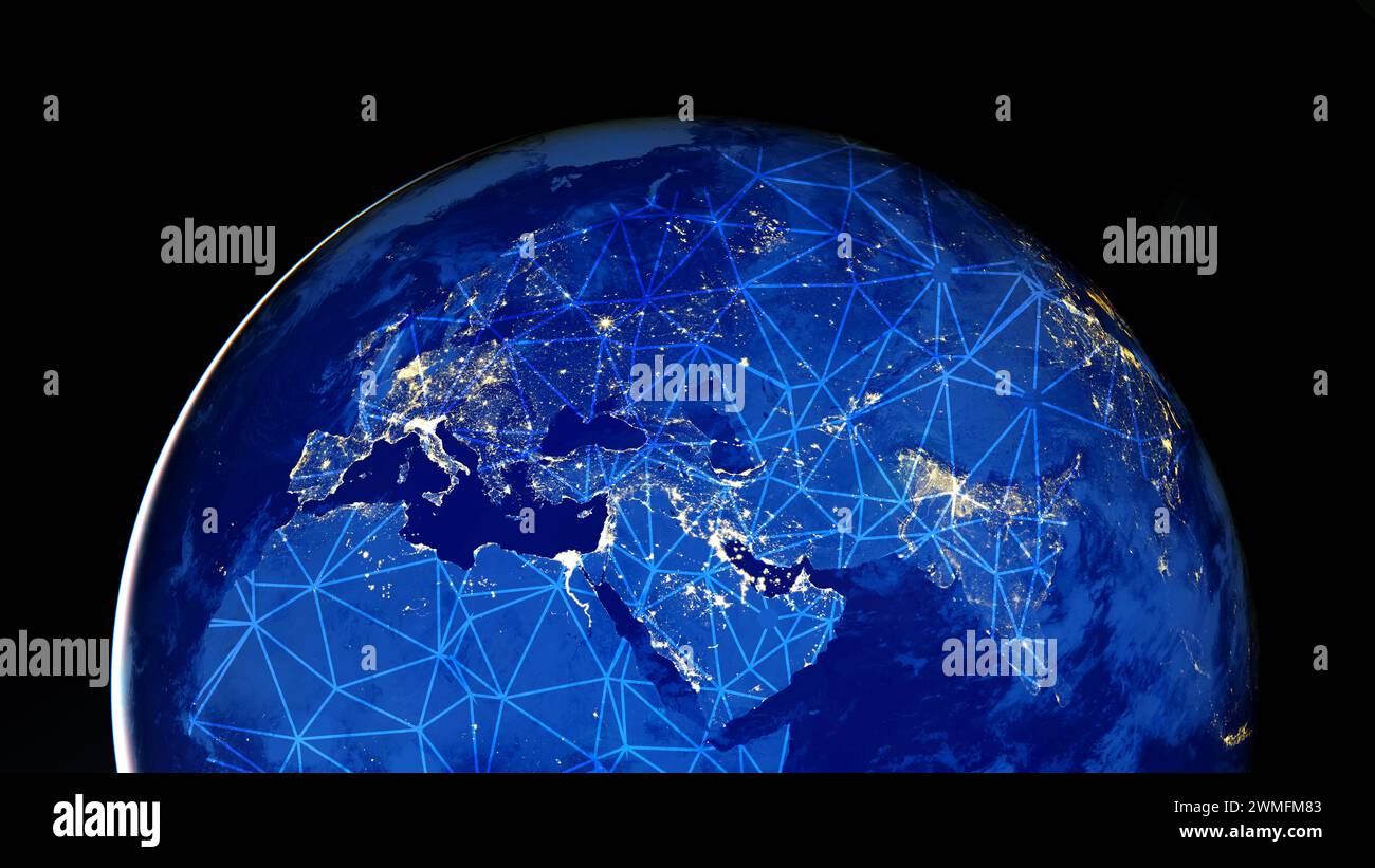 Concetto di infrastruttura di rete digitale. Rete globale in tutto il mondo. Elementi di questa immagine forniti dalla NASA. Foto Stock