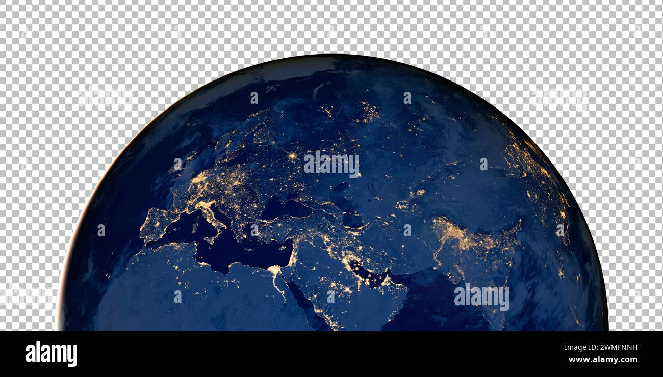 Foto del pianeta Terra di notte su sfondo png. Luci della città di Europa, Asia e Medio Oriente dallo spazio, mappa del mondo di notte, immagine satellitare. Elemen Foto Stock
