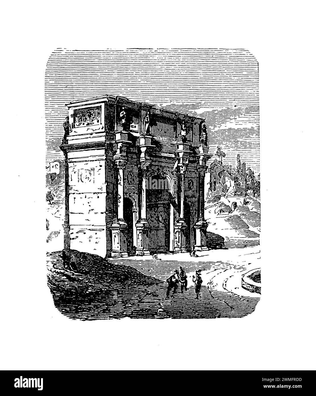 L'Arco di Costantino, che si erge orgogliosamente vicino al Colosseo di Roma, in Italia, è un monumentale arco trionfale che commemora la vittoria dell'imperatore Costantino il grande nella Battaglia del Ponte Milvio nel 312 d.C. Questa imponente struttura è un mosaico di stili artistici e architettonici, incorporando spoglie di monumenti precedenti, che riflette un aspetto affascinante della cultura romana e del riciclaggio dell'arte. L'arco è adornato da intricate sculture, fregi e iscrizioni, ognuna delle quali narra le conquiste dell'imperatore e il favore divino attribuito al suo governo. Foto Stock