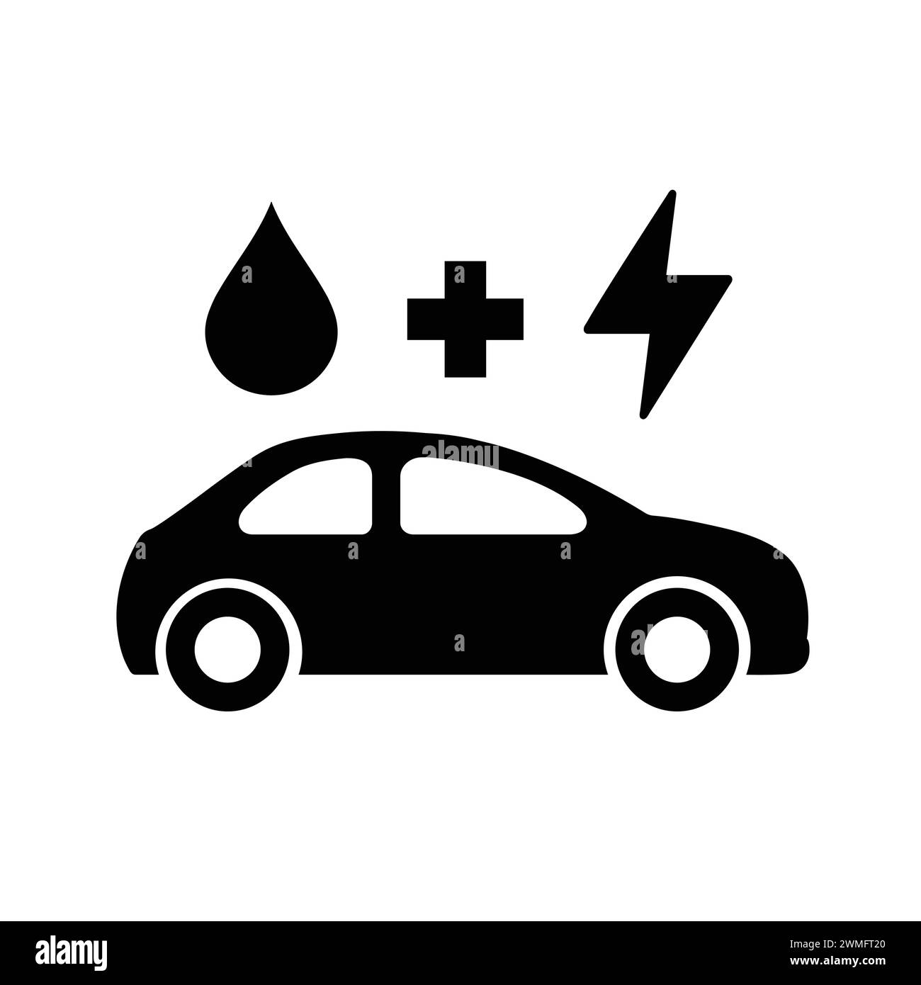 Icona della vettura ibrida. Isolamento vettoriale di Una vista laterale dell'auto. Design creativo dei simboli del veicolo ibrido plug-in. Illustrazione elemento piatto Illustrazione Vettoriale