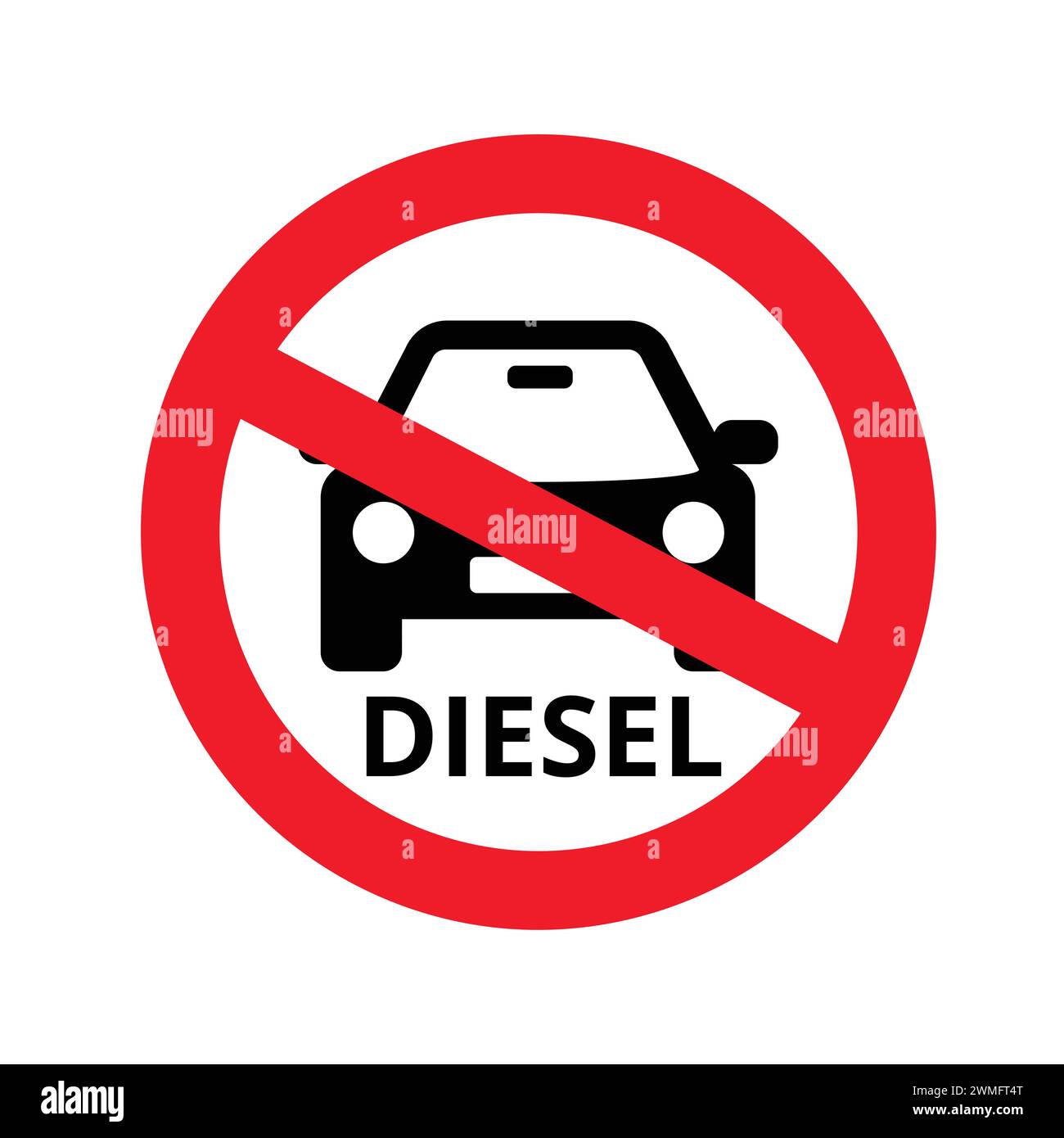 Nessuna auto diesel in questa zona. Segnale stradale divieto diesel. Cartello di divieto per veicoli e autovetture con motore diesel. Nessuna icona di guida Illustrazione Vettoriale