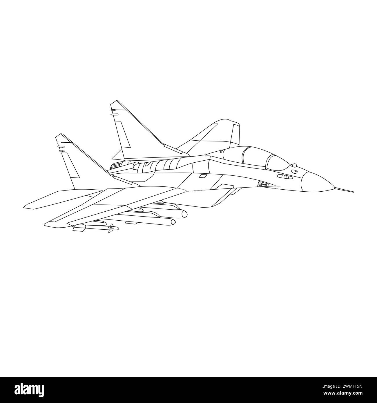 Illustrazione dell'aeromobile MIG-35. Libro da colorare Fighter Jet MiG35 Fulcrum-F. Aereo militare russo isolato su sfondo bianco Illustrazione Vettoriale