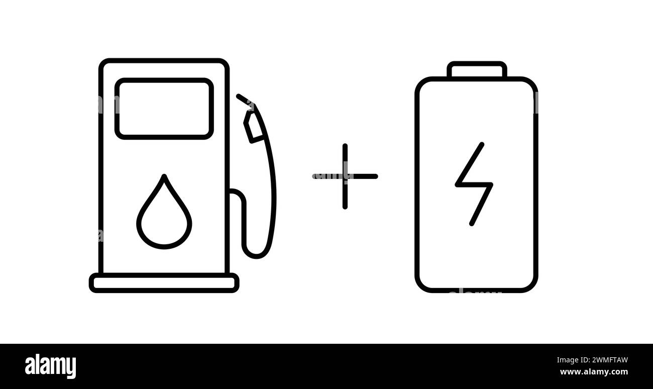 Descrizione del veicolo elettrico ibrido plug-in. Icona della vettura ibrida. Icona veicolo PHEV. Energia elettrica e motore a carburante. Cartello stazione di servizio e caricabatterie elettrico per auto Illustrazione Vettoriale