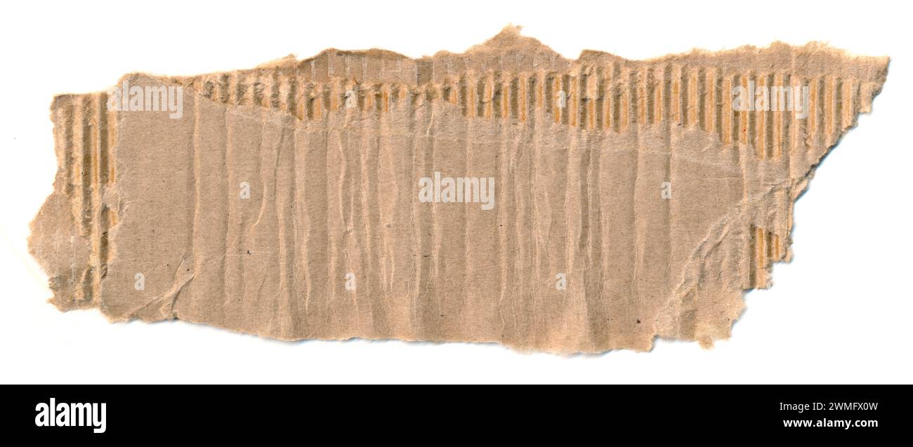 Pezzo di cartone strappato. Foglio di carta vuoto per messaggio, promemoria, cartello, etichetta, etichetta. Cartone ondulato strappato sfondo vuoto per messaggio. Isolato Foto Stock