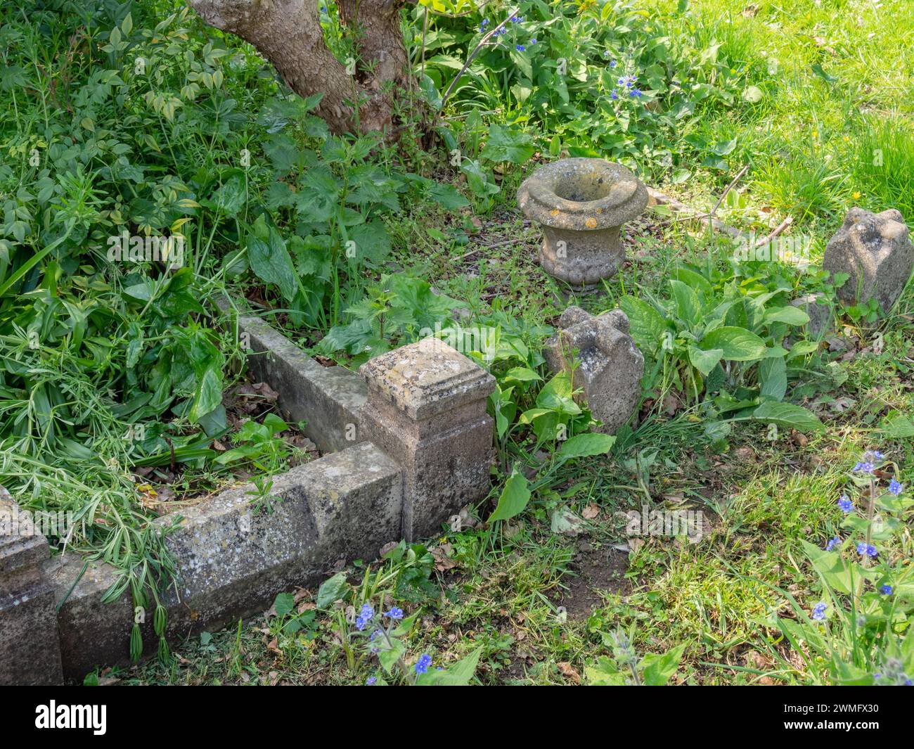 Tombe sovracresciute nel cimitero di St Luke, Duston, Northampton, Regno Unito; concetto di abbandono, mancanza di rispetto, ecc. Foto Stock