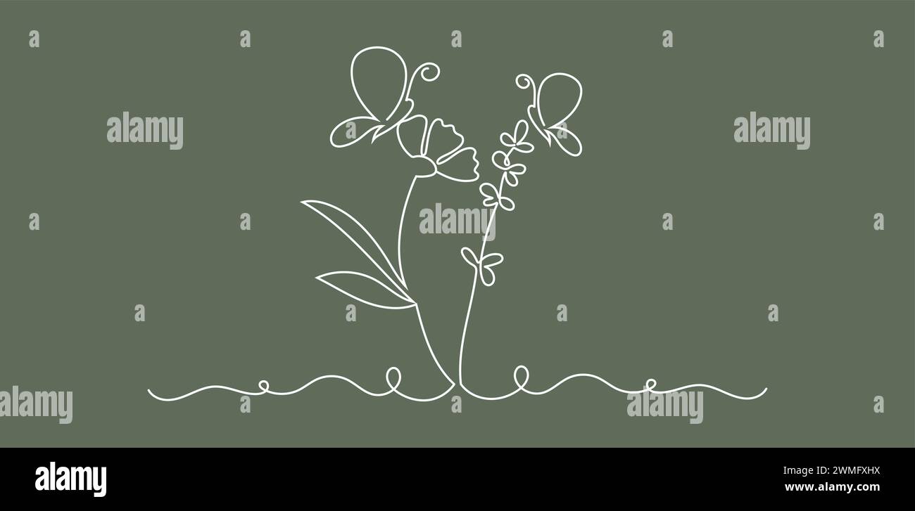 Bordo disegnato a mano con fiori e farfalle. Illustrazione Vettoriale