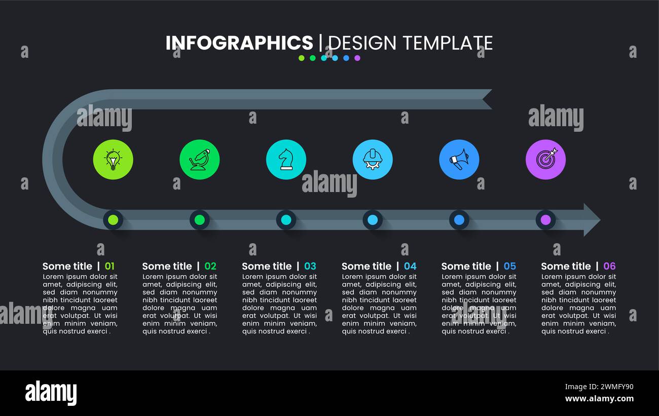 Modello infografico con icone e 6 opzioni o passaggi. Linea scura. Può essere utilizzato per layout del flusso di lavoro, diagrammi, banner, webdesign. Illustrazione vettoriale Illustrazione Vettoriale