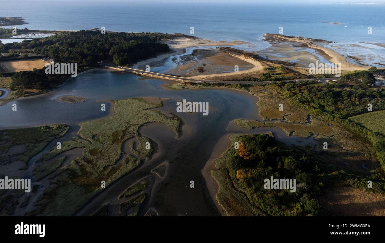 Francia, Bretagna, Morbihan, la Trinite-sur-Mer il 2022-07-25. Fotografia aerea estiva della città di la Trinite-sur-Mer, un famoso porto e spiaggia Foto Stock