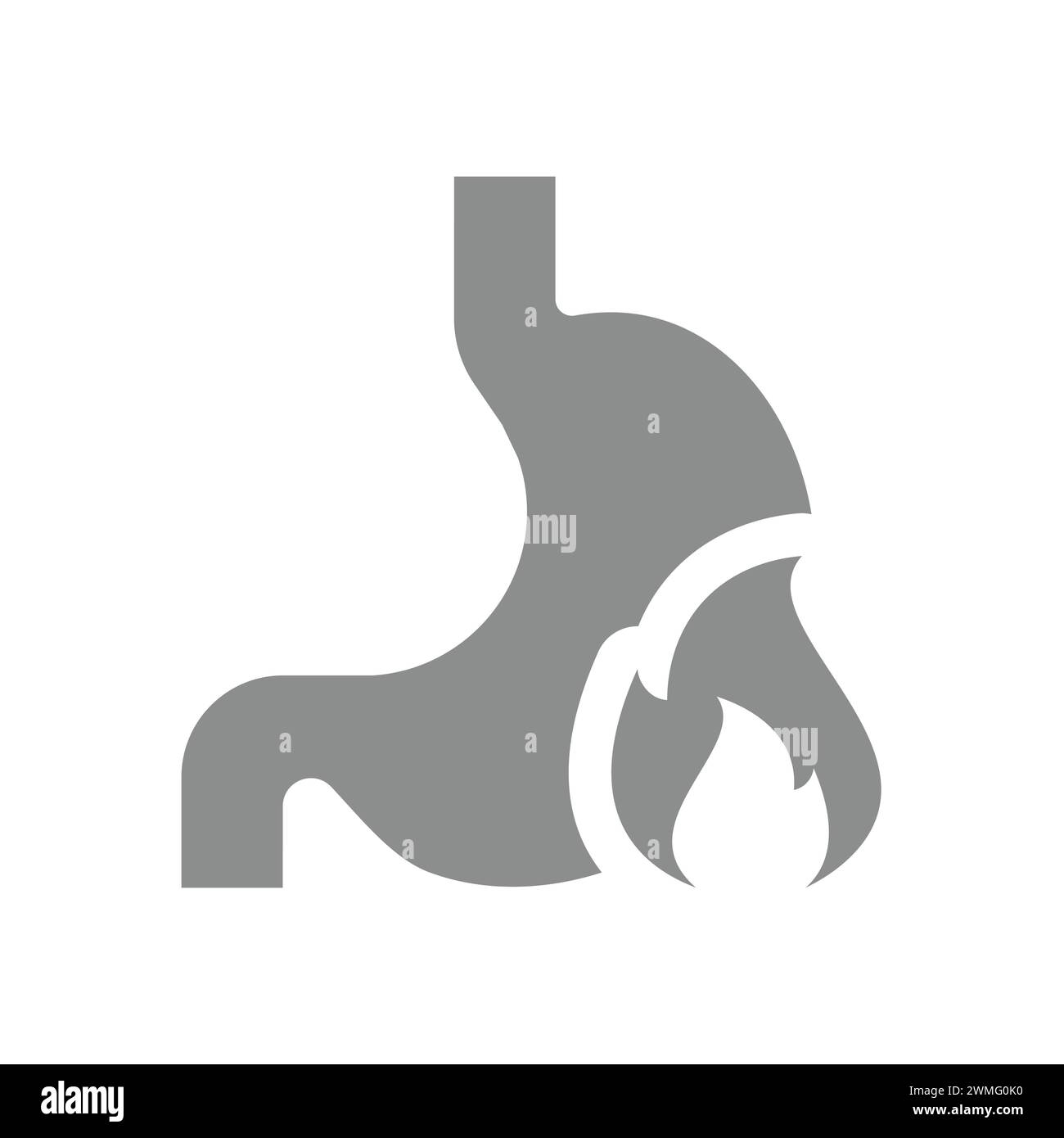 Icona del vettore di stomaco e reflusso. Malattia gastroesofagea con simbolo di fiamma. Illustrazione Vettoriale