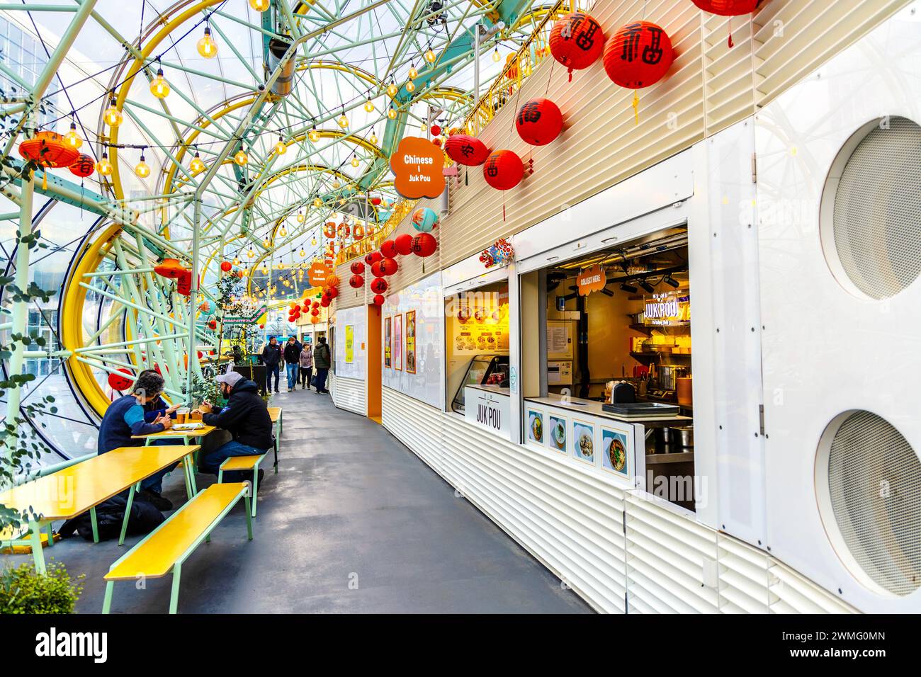 Interno del padiglione del Design District Canteen, North Greenwich, Londra, Inghilterra Foto Stock