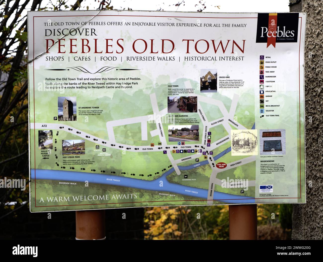 Informazioni turistiche e cartina a Peebles Old Town, Peebles, Scottish Borders, Scozia, Regno Unito Foto Stock