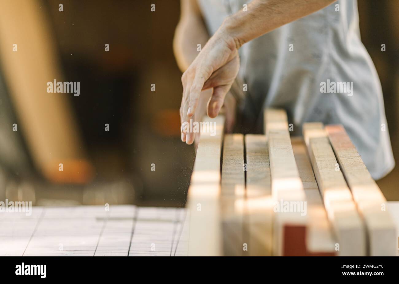 Primo piano di un taglio preciso del legno in azione. Foto Stock