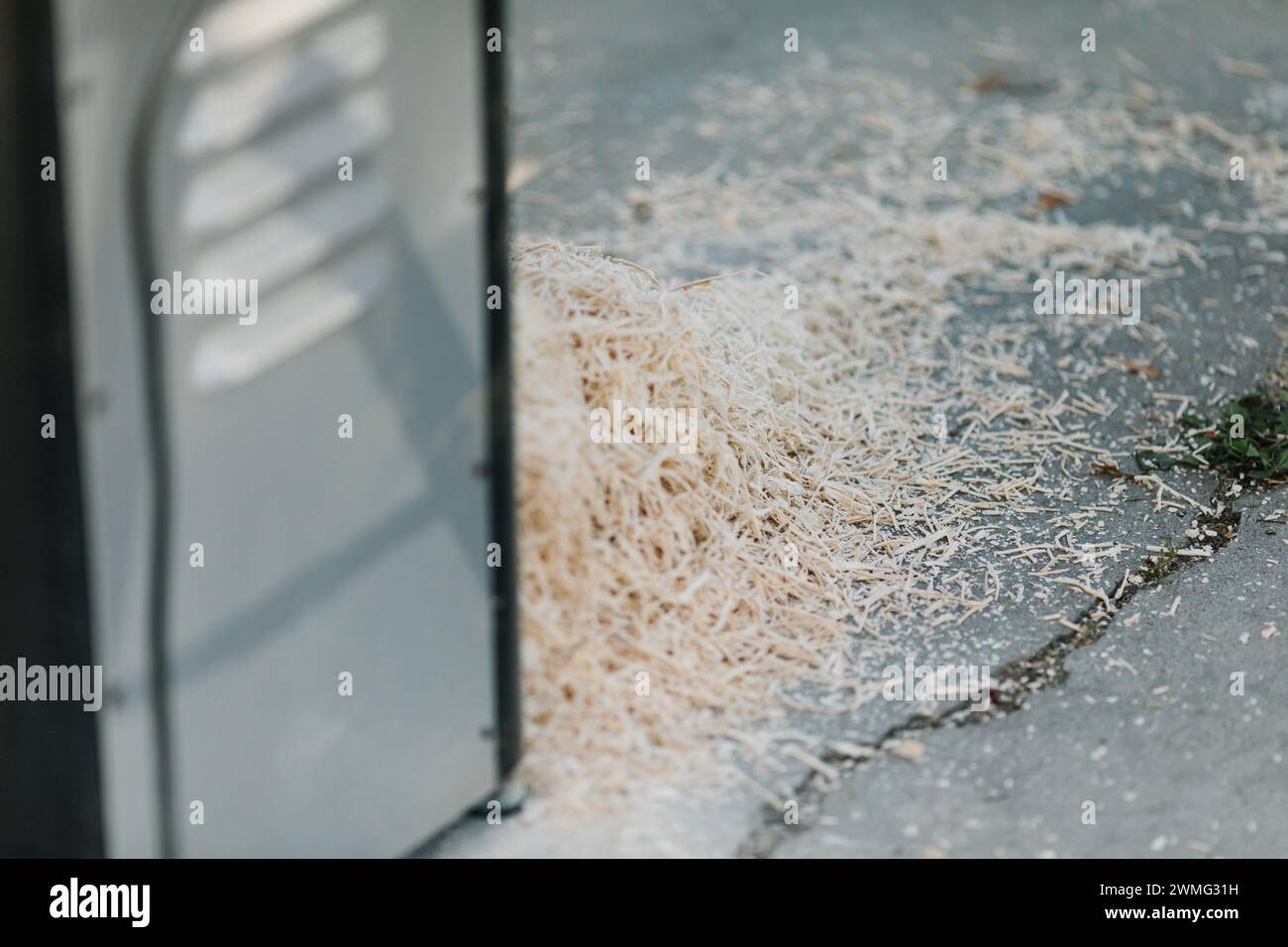 Polvere di segatura fresca versata accanto all'area di lavorazione del legno Foto Stock