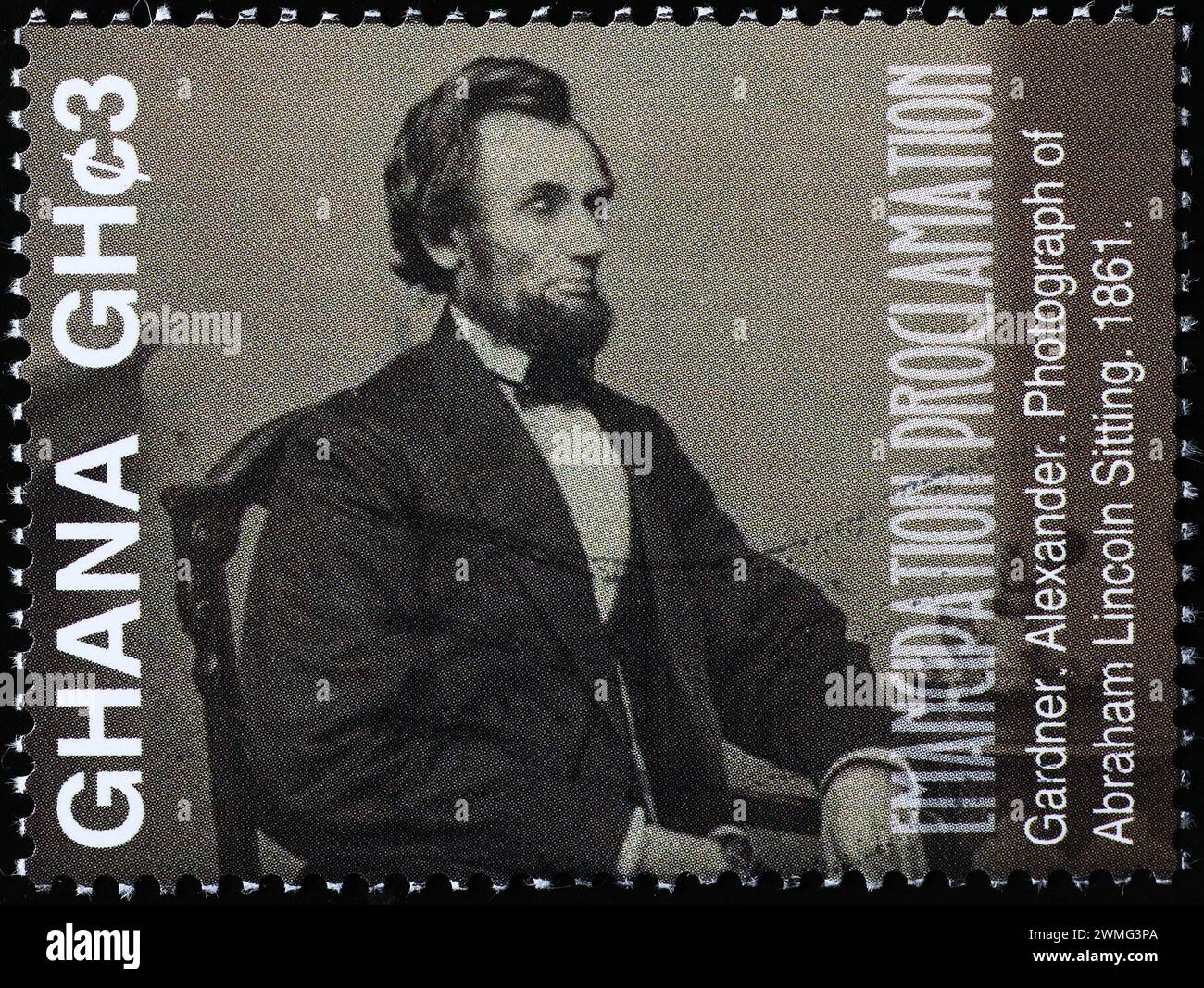 Fotografia di Abraham Lincoln seduto su un francobollo Foto Stock