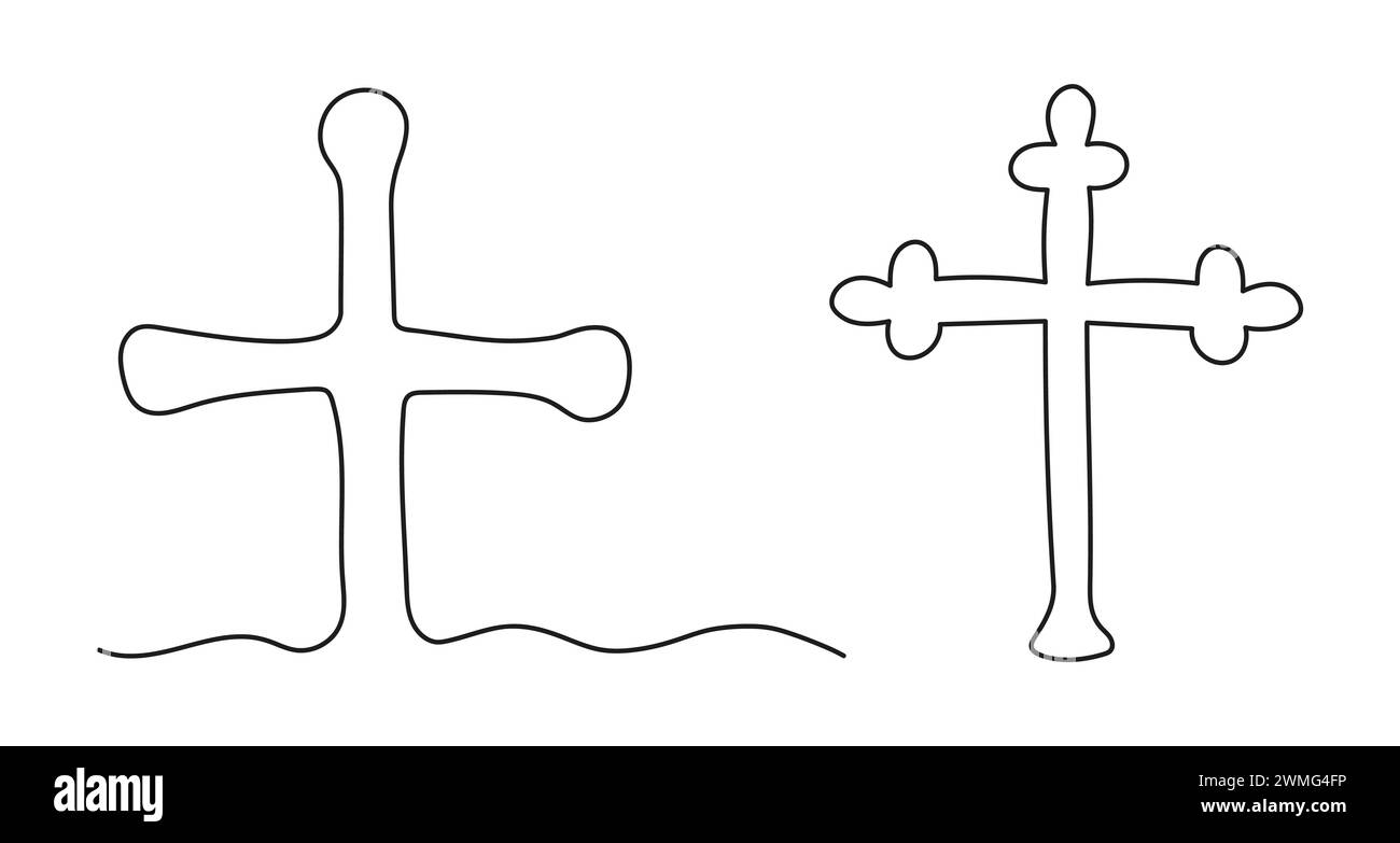 Serie di croci. Disegno continuo su una linea. Art. Linea. Concetto di Pasqua, fede, spiritualità, religione, funerale. Elemento di progettazione. Vettore bianco e nero isolato su sfondo bianco Illustrazione Vettoriale