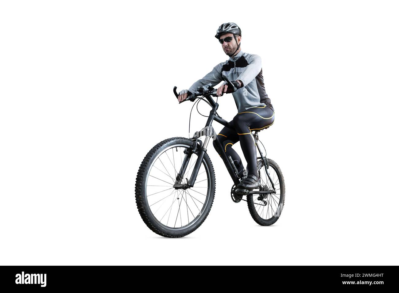 Ciclista su una Mountain Bike isolata dallo sfondo Foto Stock