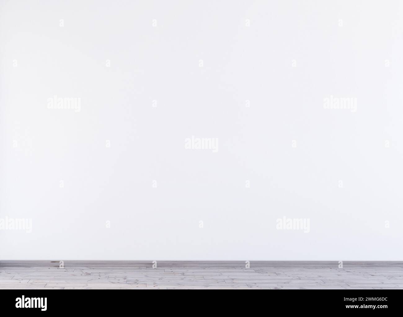 Design di mockup a parete bianca con pavimento in legno, rendering 3D. Foto Stock