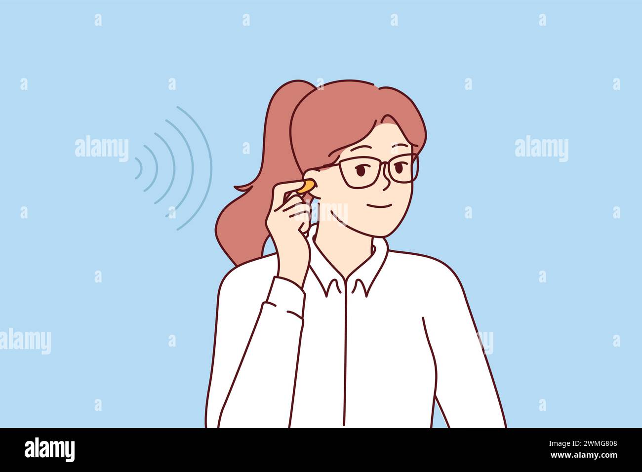 Una donna d'affari utilizza tappi per le orecchie per eliminare il rumore, riducendo concentrazione e produttività. La ragazza tiene in mano le cuffie wireless per ascoltare musica o gli apparecchi acustici che consentono di ripristinare l'udito. Illustrazione Vettoriale