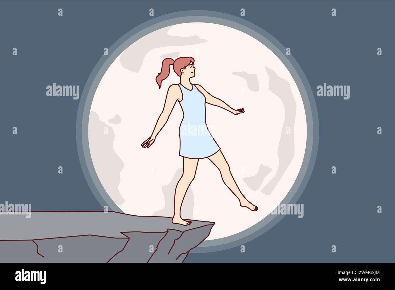 La donna sperimenta un incubo di notte, immaginando di cadere dalla scogliera durante la luna piena, a causa della presenza di sindrome da sonnambulismo. Incubo di giovani a rischio di lesioni dovute a disturbi psicologici Illustrazione Vettoriale