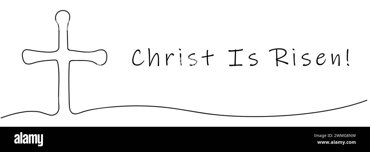 Il disegno continuo di una croce con Cristo è testo risorto. Art. Linea. Concetto di Pasqua, fede, spiritualità, religione. Vettore bianco e nero isolato su sfondo bianco. Cartolina, saluto Illustrazione Vettoriale