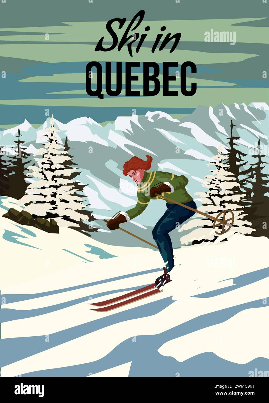 Vintage Travel poster Ski Quebec Resort. Canada Winter Landscape Travel Card Illustrazione Vettoriale