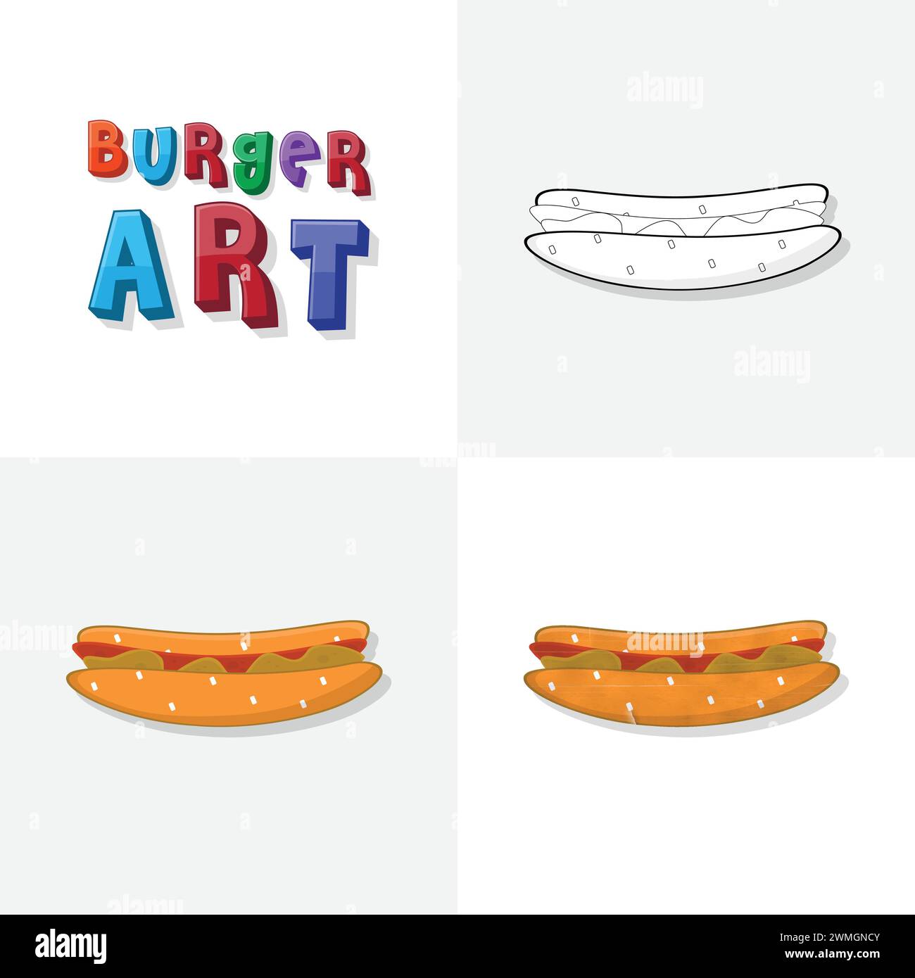 Bozzetto d'arte hamburger, pagina da colorare, hamburger piatto e realistico, illustrazioni per i bambini Illustrazione Vettoriale