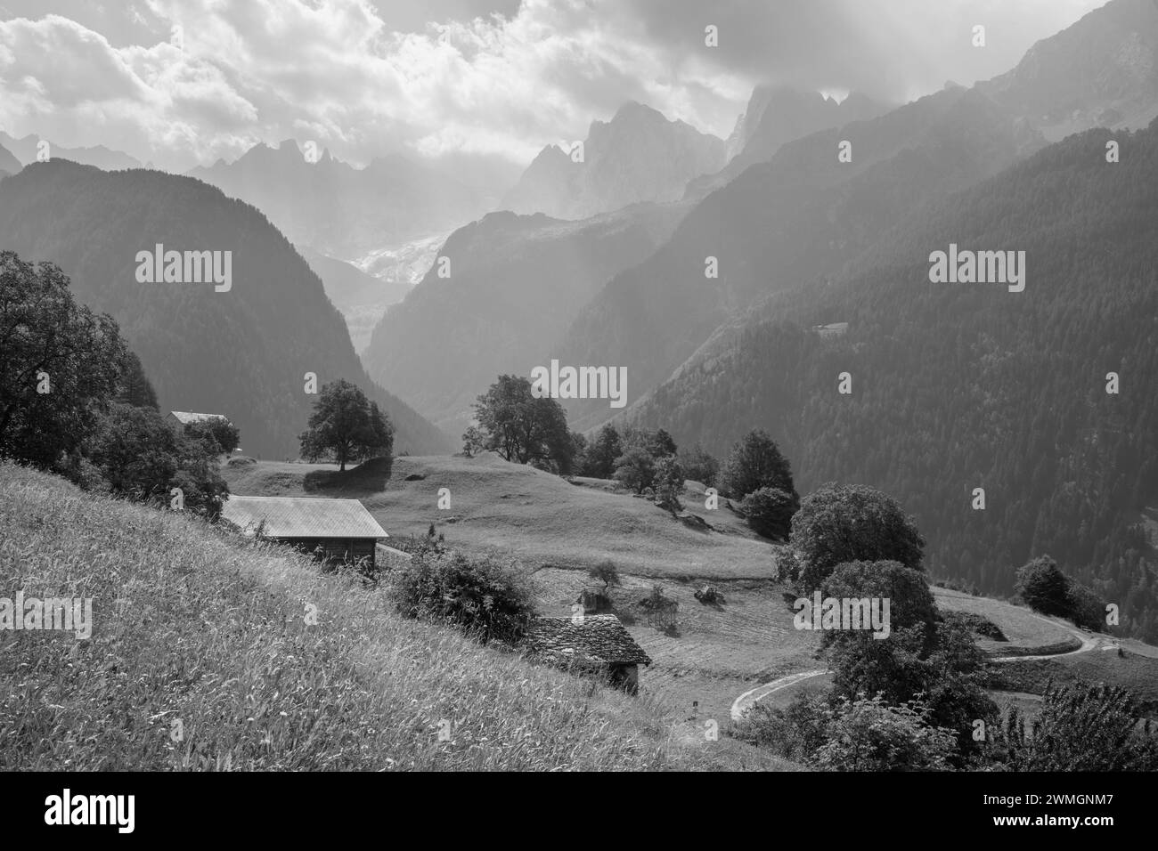 Le vette del Piz Badile, del Pizzo Cengalo e della Sciora nella catena del Bregaglia - Svizzera. Foto Stock